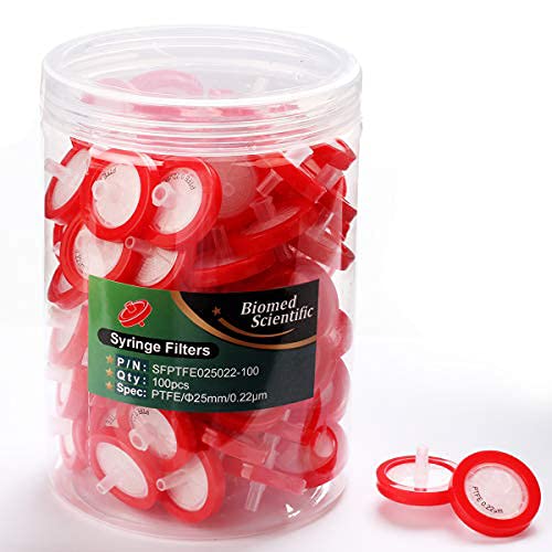 Syringe Filter PTFE Membrane 25mm Diameter 0.22um Pore Size Biomed Scientific Non Sterile Pack of 100