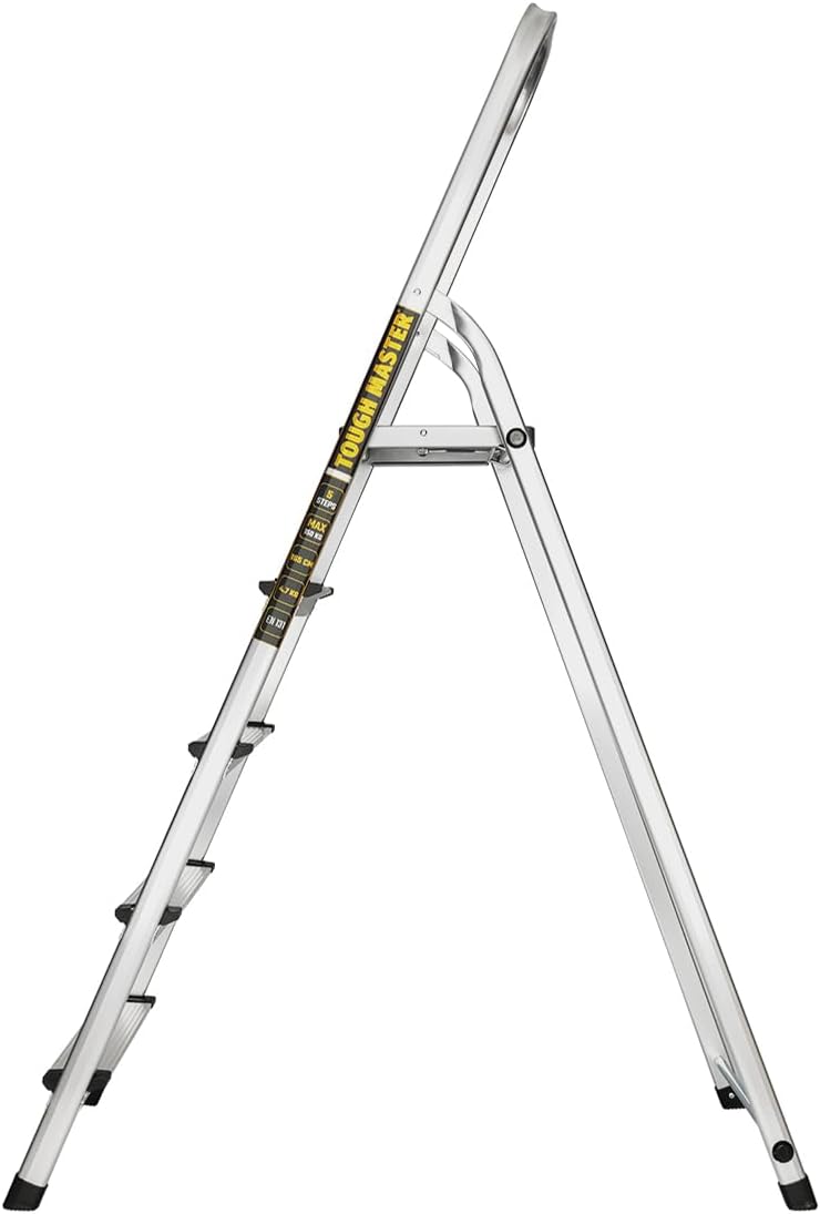 TOUGH MASTER Aluminium Folding Step Ladder Tread Ladders Anti-Slip Steps Top Handrail with Rubberised Plastic Feet Max Load 150Kg – EN131 Safety Standard, Silver (5 Steps)