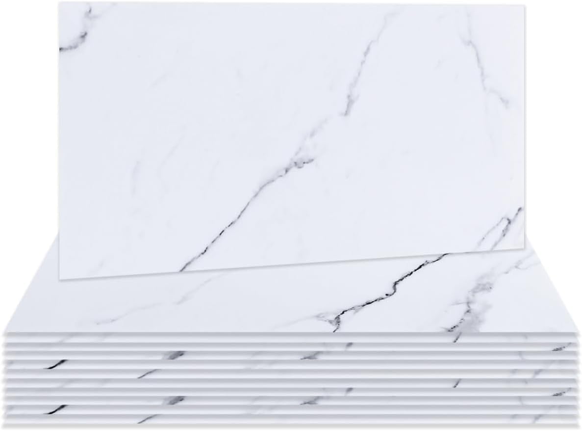 Hode 12 Pieces Marble White Self Adhesive Wall Tile Stickers for Bathroom, 15cmx30cm White Stick on Tiles for Kitchen Walls, Vinyl Peel and Stick Waterproof (Glossy)