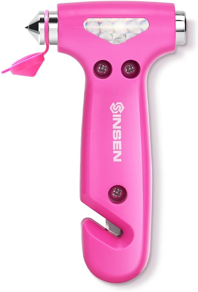 SINSEN Car Safety Hammer, Automotive Window Breaker and Seatbelt Cutter for Women, Roadside Emergency Kit, 3 in 1 Escape Tools, Road Trip Essential and Must Haves (1, Pink)