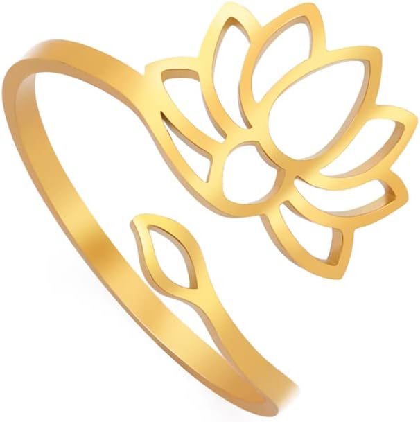 Dreamtimes Lotus Flower Rings for Women Encouragement Lotus Flower Adjustable Ring Vintage Jewelry Buddha Yoga Ring Wedding Mother Bague Gift