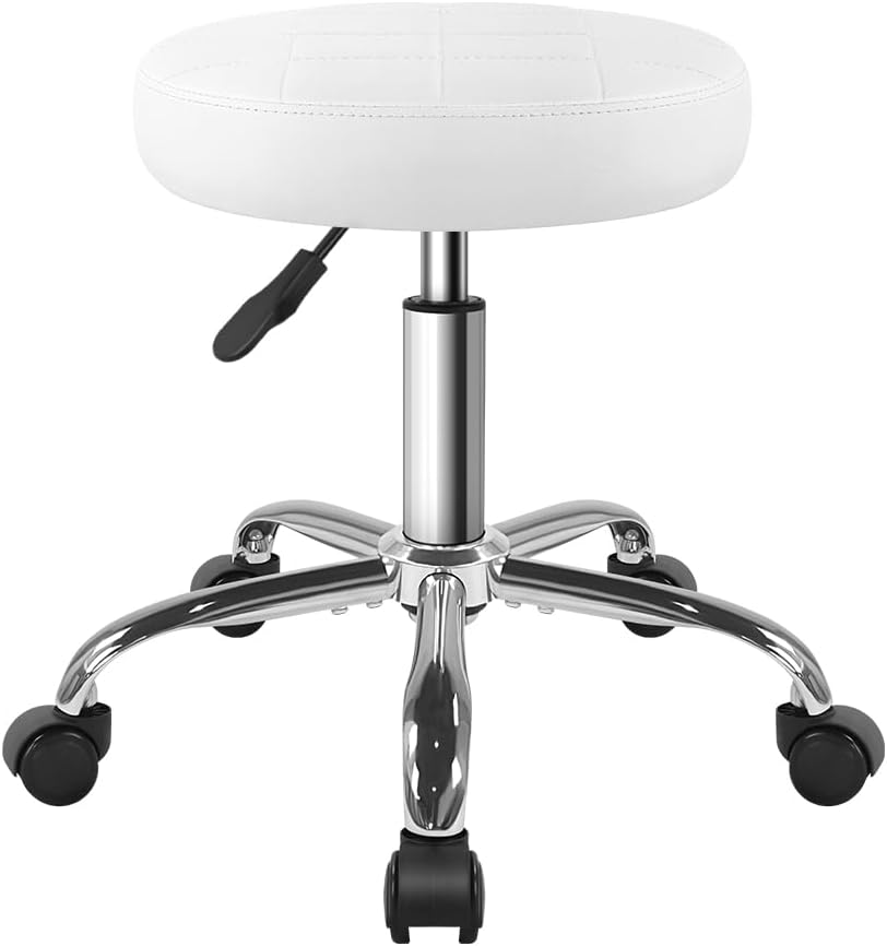 BFTOU White Classic Swivel Stool with Wheel for Salon Work Home SPA Shop Height-Adjustable Rolling Stool Chair Small