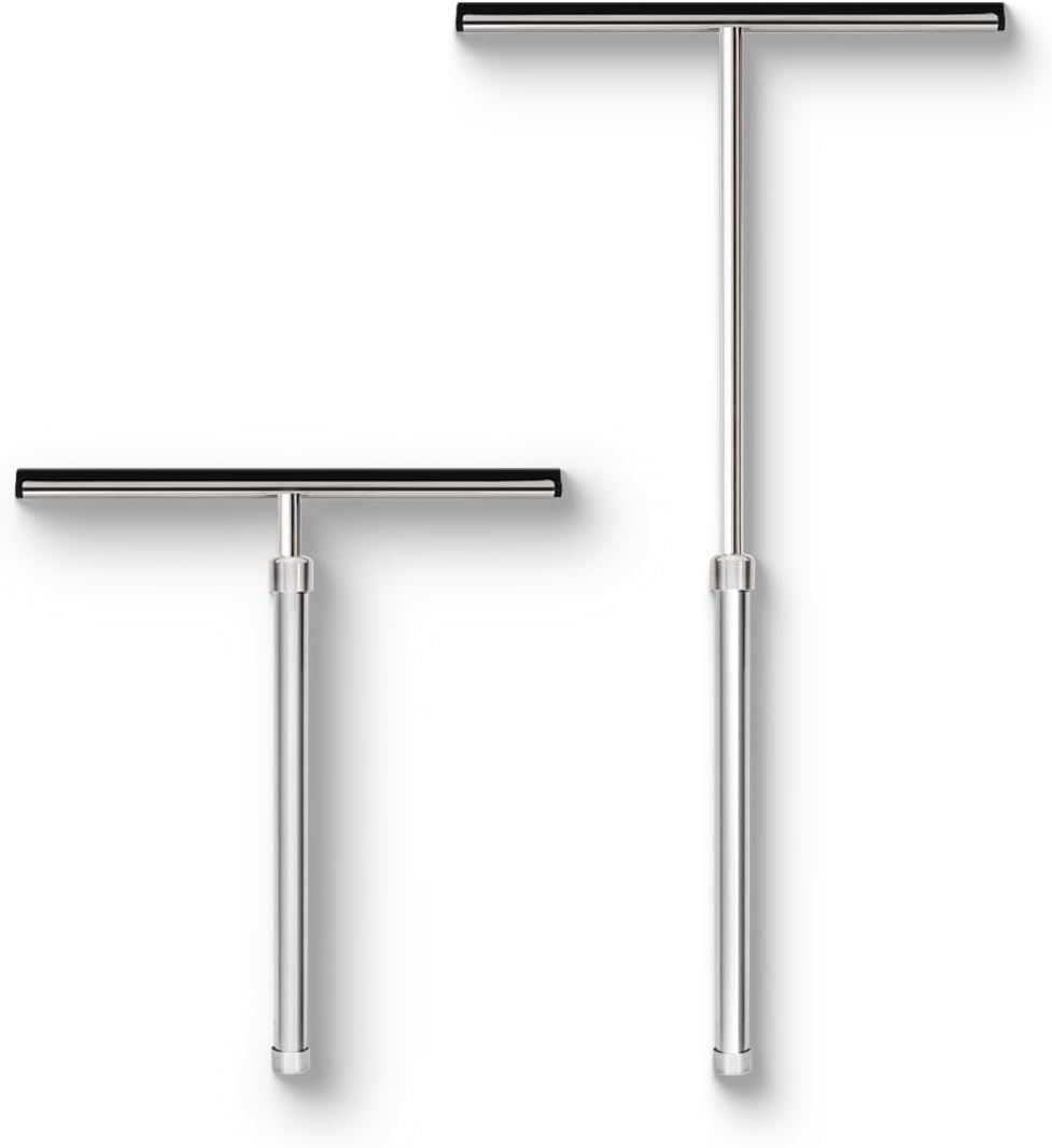 Grand Fusion Shower Squeegee with Long Handle for Glass Doors, Tile Walls, Mirrors and Windows. Telescoping Squeegee for Glass Cleaning. Bathroom Stainless Steel Squeegee, 10inch Wide, Chrome – 1pk