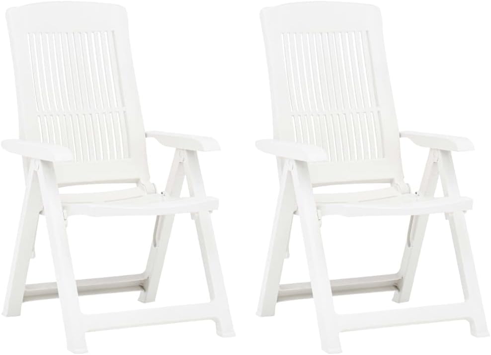 vidaXL Garden Reclining Chairs Set of 2- White Plastic Adjusting Backrest, Foldable, Lightweight, Space-saving, Weather resistant – Ideal for Outdoor, Patio, Garden Lounging