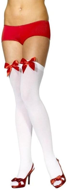 URBANWAZE Red Bow Stocking Thigh Knee High Socks For Women Hold Up Over The Knee Socks Red Satin Whote Stockings Opaque Party Wear Fancy Dress Halloween