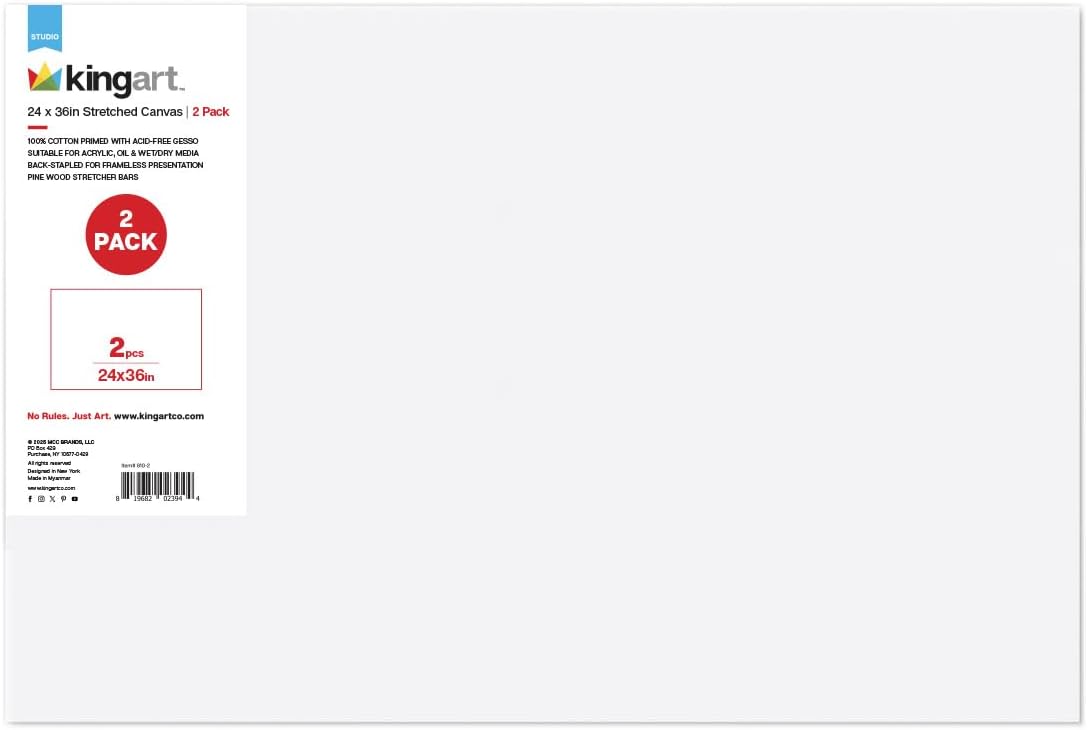 KINGART 810-2 Large White 24" x 36" Stretched Artist Canvas, Pack of 2, Gesso Primed - 100% Cotton Rectangular Canvases, 5/8" Profile, Art Supplies for Oil and Acrylic Painting