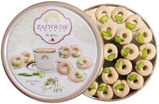 Zaitoune Ghraybeh Cookies - 250 g | Traditional Middle Eastern Pistachio Shortbreads Handcrafted in Turkey | Beautiful Reusable Gift Tin | Perfect for Dessert | Great Sharing Present