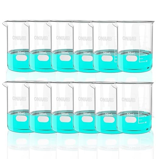 ONiLAB Scientific Glass Beakers Shot Glass, Vol. 50ml, 3.3 Borosilicate Griffin Low Form with Printed Graduation, Pack of 12 13900252