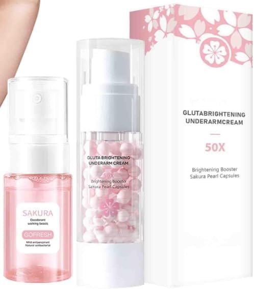 Sakura Gluta Brightening Underarm Deodorant Spray & Brightening Cream, Whitening 50X Pearl Capsules Armpit Booster Serum, Intimate Area Skin Lightening Cream, Body Care Exfoliating Gel For Women