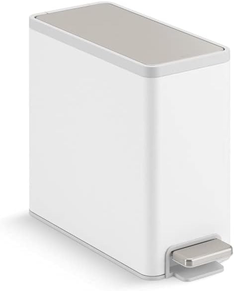 Kohler 20957-STW 2.5 Gallon Slim Step Trash Can, Bathroom Trash Can with Soft-Close Foot Pedal, White with Stainless Steel