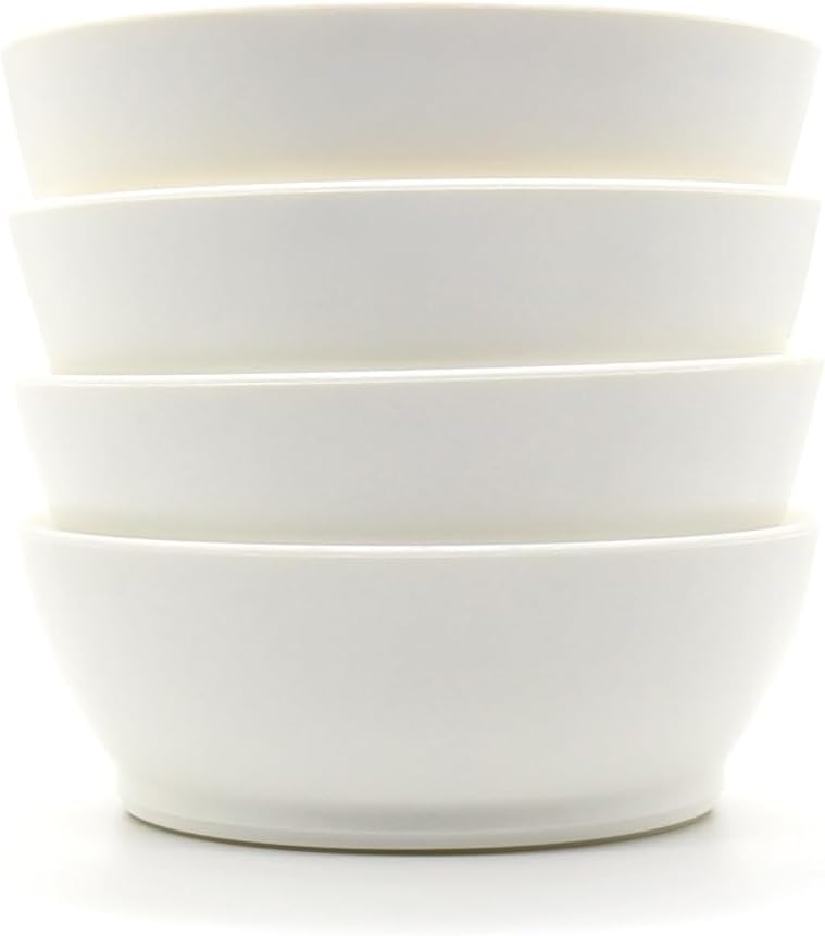 Non-Spill Plastic Bowl Set - 12oz Reusable Kitchen Bowls with Concave Inner Lip and Non-Slip Base - For Serving, Snacking, Dips and Side Dishes - Set of 4 - Foamy White