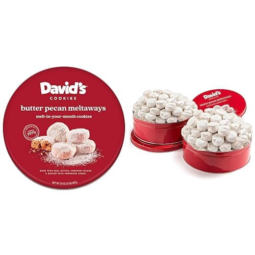 David's Gourmet Butter Pecan Meltaway Extravaganza - 32oz Round Tin Butter Cookies with Crunchy Pecans and Powdered Sugar – Ideal Gift for Birthday, Get Well, and Other Special Occasions