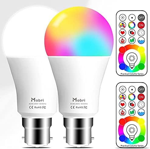 Mobri B22 LED Colour Changing Light Bulbs with Remote Control, 75 Watt Equivalent Bayonet Dimmable Colour Bulbs with Timing, Memory & Sync, 120 Multi RGB Colours + Daylight White,2 Pack