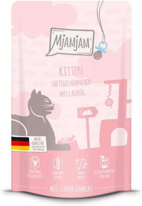 MjAMjAM - premium wet food for cats - Quetschie - Kitten juicy chicken with salmon oil, pack of 12 (12 x 125 g), grain-free with extra meat