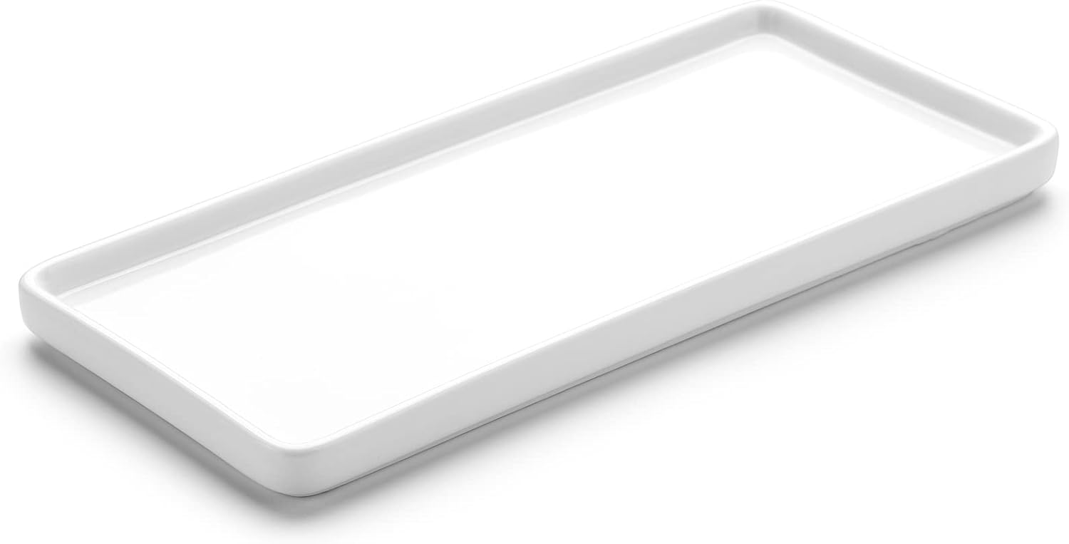 Gurygo 8" Bathroom Tray for Counter - Ceramic Vanity Tray for Bathroom - Small Rectangle Ceramic Tray - Kitchen Soap Tray - Ceramic Tray for Kitchen Counter - Bathtub Organizer (White, Set/1)