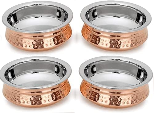 Aakrati Copper Tableware Serving Bowl Indian Serveware Handi Set Tureen Copper Stainless Steel Serving Dishes set of 4 (5 inches set of 4)