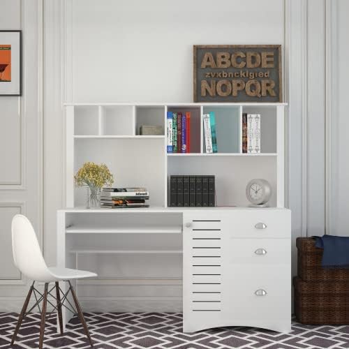Home Office Computer Desk with Hutch, Antiqued White Finish