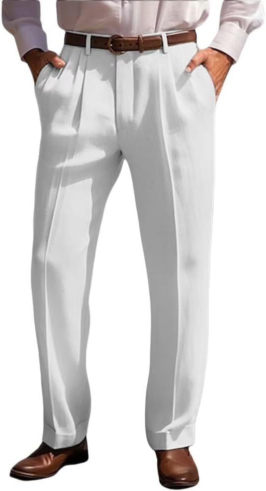 Men’s Linen Leisure Dress Pants Pleated Summer Casual Pants Loose Fit Breathable Beach Vacation Pants Long
