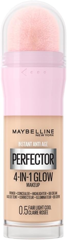 Maybelline New York Instant Anti Age Rewind Perfector，4-In-1 Glow Primer，Concealer，Highlighter，Self-Adjusting Shades，Evens Skin Tone w/ a Glow Finish，Shade: 0.5 Fair Light Cool，20 ml (Pack of 1)