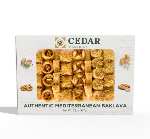 Cedar Pastries Assorted Mediterranean Baklava - 33pc Mix of Authentic Pistachio, Cashew, Walnut Bitesize Treats - Kosher & Halal Certified - Large Box