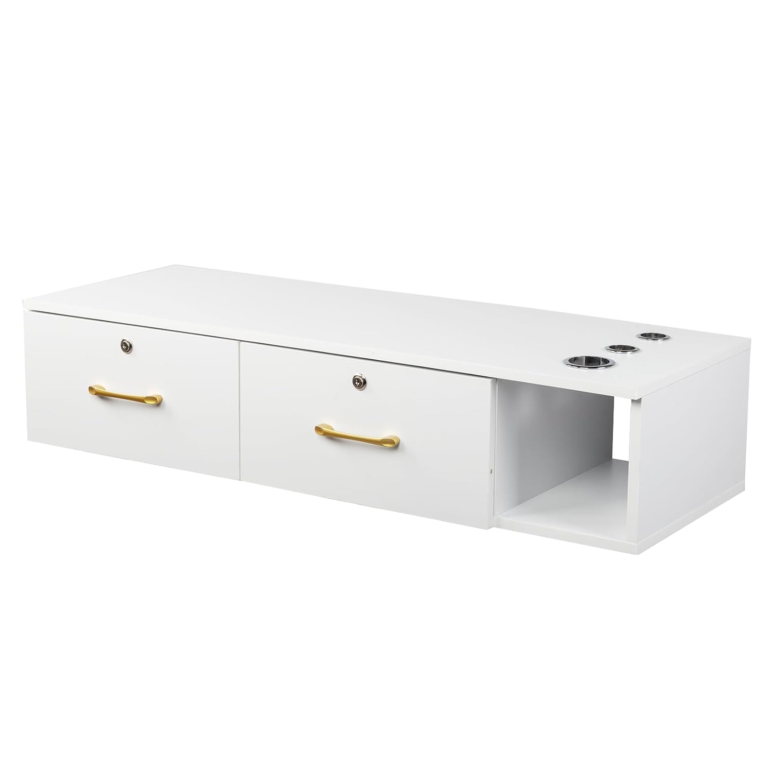 Wall Mount Styling Barber Station for Hair Stylist, Beauty Salon Spa Equipment, Salon Cabinet Station with Locked Storage Drawer, 3 Hair Dryer Holders (White)