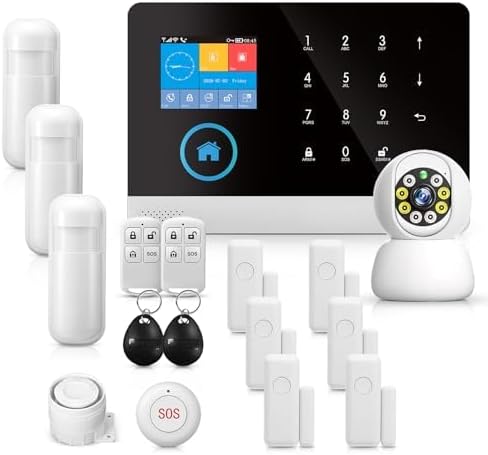 GSM & WIFI Wireless Home Security Systems 2.4-inch LCD Screen, 100+ Sensors, 120dB Siren Smart APP & Alexa Control Scheduled Arm/Disarm & 9-Language Support