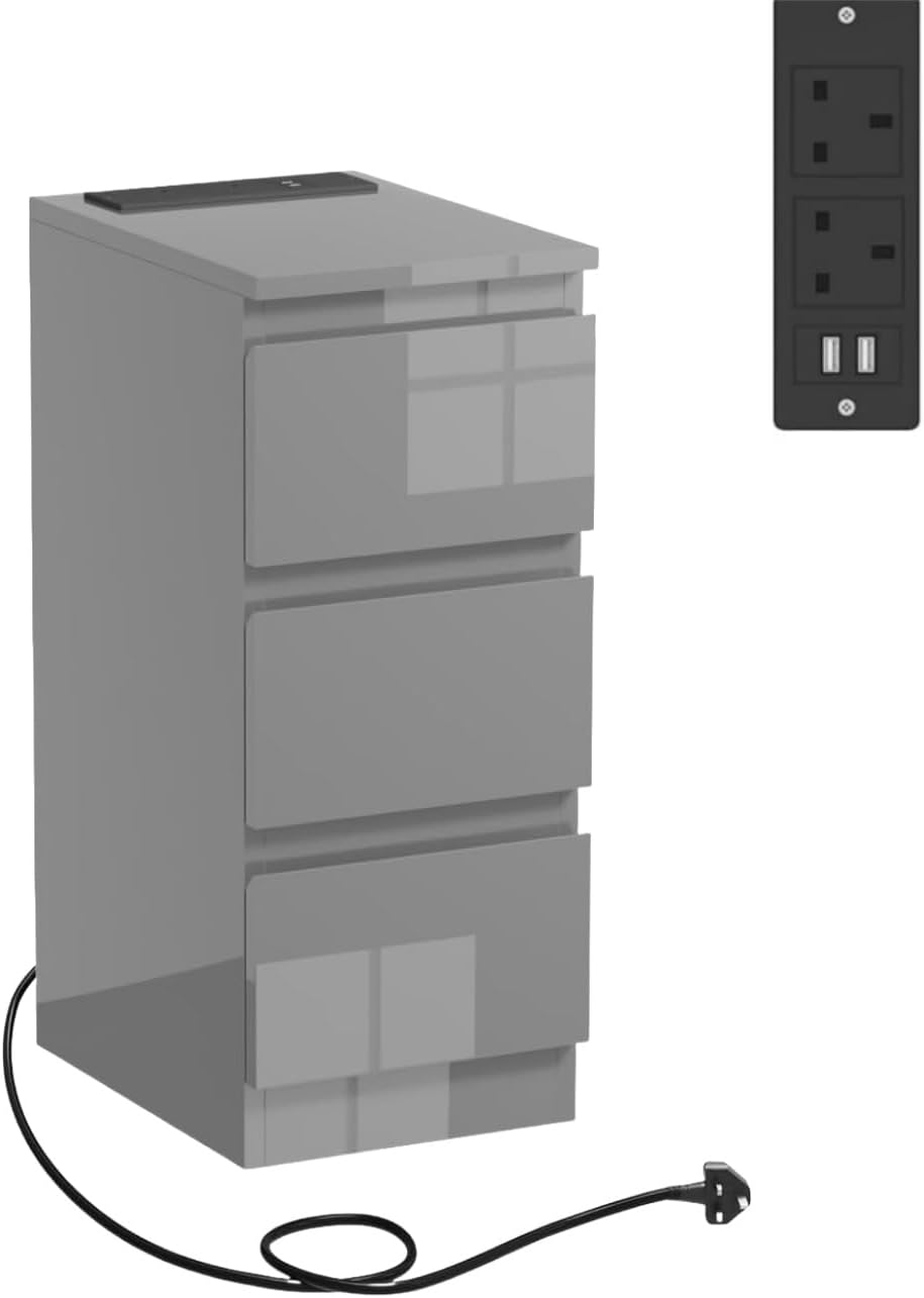 Menaka 25CM Narrow Bedside Table 3 Drawers Cabinet with Charging Station, Slim Side Table Bed Nightstand with 2 USB Ports & Power Sockets for Bedroom Living Room (grey)