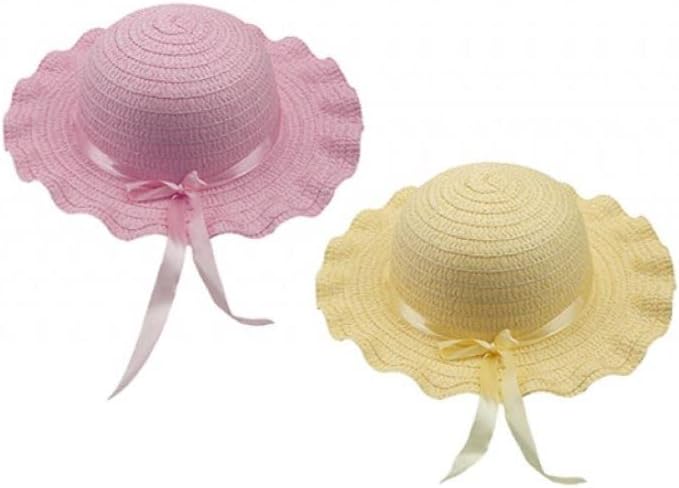 Pound Veg Easter Bonnet (Pink & Yellow Bonnet) for Kids with Ribbon Straw Woven Colourful Decorative Easter Hat Ideal to Craft Decoration, School Plays Great Accessory