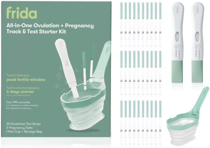Frida Fertility All-in-One Ovulation & Pregnancy Test Kit – 30 Easy at-Home LH Strips, Ovulation Tracker, 2 Early Detection Pregnancy Tests & Reusable No-Mess Pee Cup
