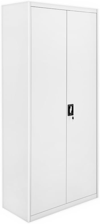 Panana Steel Office Cupboard, Metal Lockable Storage File Filing Cabinet with 2 Doors Adjustable Shelves Locking Bookcase Storage Unit Grey-White