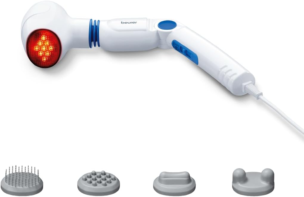 Beurer MG40 Infrared Massager, Handheld Massager With 3-Way Adjustable Handle, 4 Attachments For Soothing Vibration Massage Ideal For Your Legs and Back, Infrared Heat Function