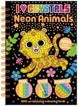 Bookoli | Neon Animals I Love Crystals Book | Diamond Painting for Kids | Children's Craft Activity for Ages 6 to 9 | with Colouring Book & Over 2000 Neon Crystals