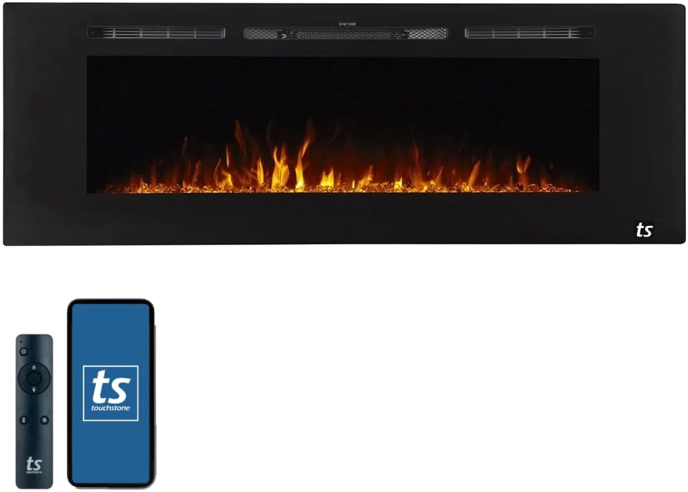 Touchstone Smart Electric Fireplace-The Sideline 60" Wide-in Wall Recessed - 30 Realistic Ember Color/Flame Options - 1,500W Heater w/Thermostat - Log & Crystal Hearth Options - Alexa/WiFi Enabled