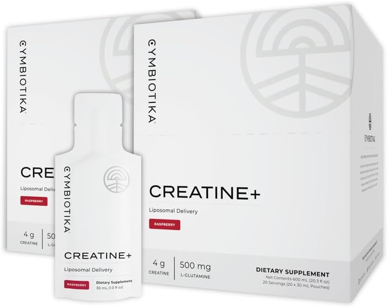 CYMBIOTIKA Liposomal Creatine+, 4mg Creatine and 500mg Glutamine, for Amino Energy, Recovery, Muscle Mass & Brain Support, Gluten Free & Vegan, Raspberry Flavor, 2 Month Supply, 60 Day Supply