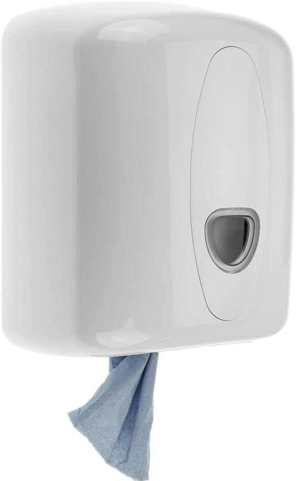 Wall Mounted Centerfeed Dispenser – White Tissue & Blue Roll Holder for Kitchen, Bathroom, Business Use – Hygienic, Durable Centre Pull Towel Dispenser for Commercial & Home