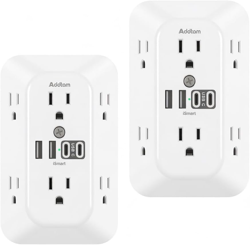 Addtam 6-Outlet Extender Surge Protector, Multi Plug Wall Outlet with 4 USB Wall Charger(2 USB C Ports), Plug Extension Outlet with 1800J, Outlet Splitter Power Strip for Home Office, 2 Pack, White