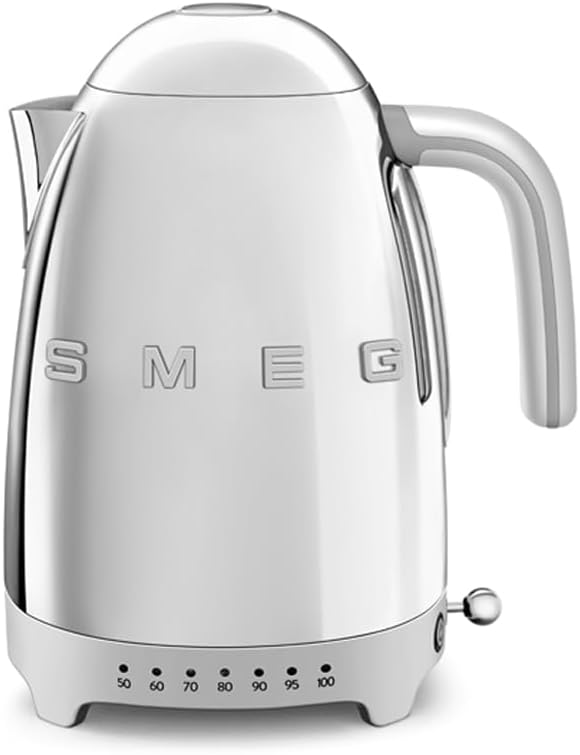 SMEG Variable Temperature Electric Kettle 1.7L (7 Cup), Stainless Steel Tea & Coffee Kettle, Fast Boil, Adjustable Temp 122°F–212°F, Keep Warm, Auto Shut-Off, 360° Base, Retro Style-Silver