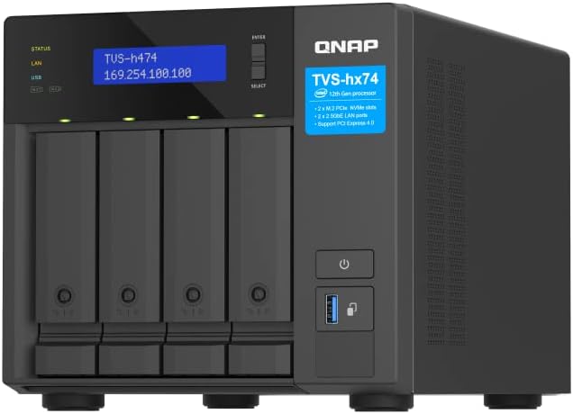 QNAP TVS-h474-PT-8G-US 4 Bay High-Speed Desktop NAS with Intel Pentium Gold 2-core CPU, 8GB DDR4 Memory, 2.5 GbE Networking and PCIe Gen 4 expandability (Diskless)