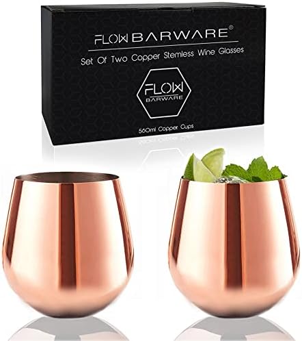 FLOW Barware Copper Cup Set | Copper Mug for Red Wine, White Wine & Moscow Mule Cocktails | Set of 2 560ml Stainless Steel Stemless Wine Glasses