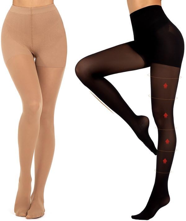 MANZI 2 Pairs Compression Pantyhose for Women Shaping Black Tights 10-15mmHg Support 50D Opaque Stockings