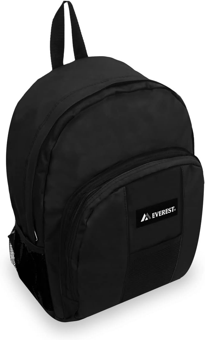 Everest Luggage Backpack with Front and Side Pockets, Black, Large