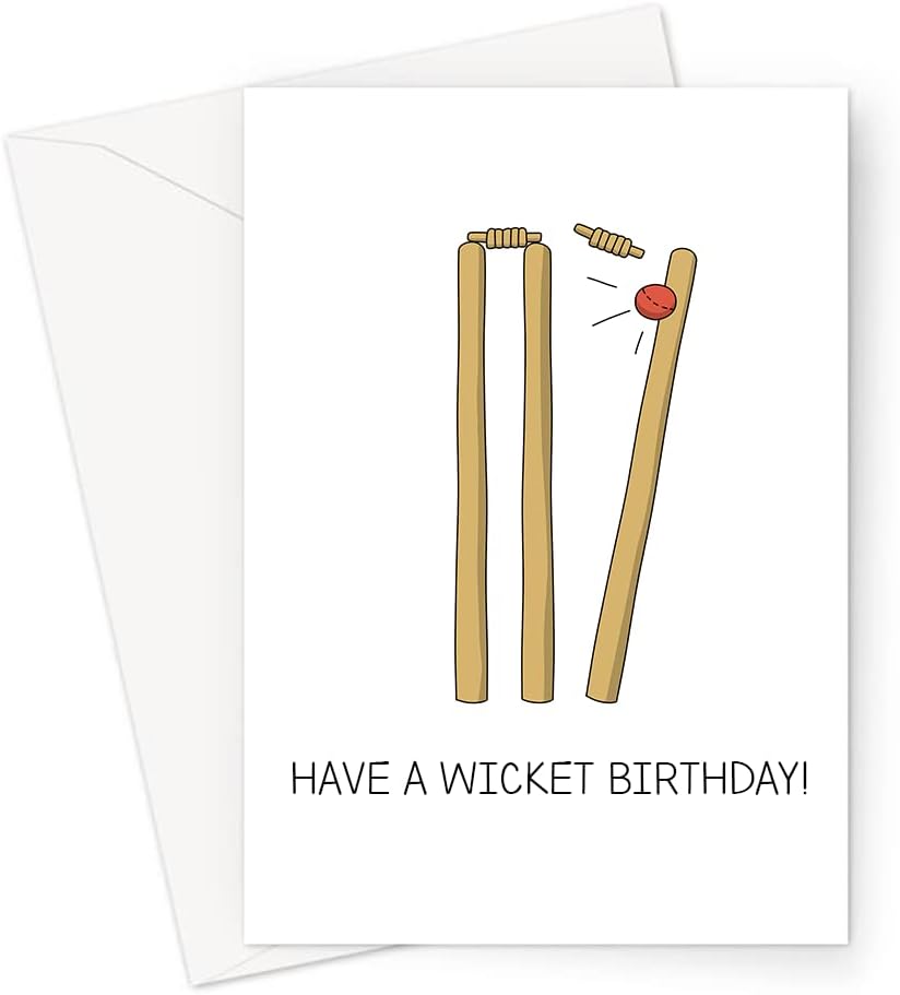 Have A Wicket Birthday! Greeting Card | Red Cricket Ball Knocking Wicket Down, Illustrated Cricket Pun Card for Son, Brother, Nephew, Cousin