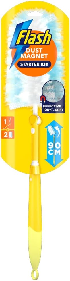 Flash Dust Magnet Duster Starter Kit (1 Handle & 2 Refills), Traps & Locks 3x More Dust & Hair Vs Traditional Feather Duster