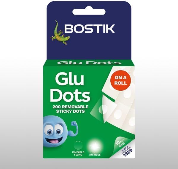 Bostik Glu Dots on a Roll - Removable, Double Sided Glue Dots, For Instant Fixing & Crafts, Easy to Use, No Mess, Clear, x200 Glu Dots