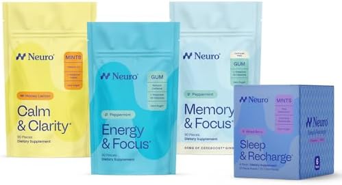 Neuro Day + Night Brain Bundle - Energy & Focus Smart Gum Peppermint, Memory & Focus Gum 90 Count, Sleep & Recharge Mints 72 Count Chamomile & Calm & Clarity Mints Honey Lemon