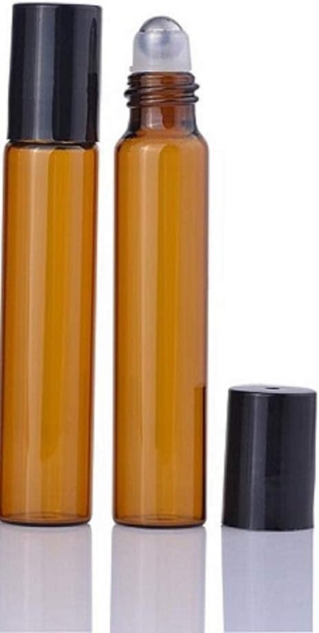 CMJ 2 x 10ml Amber Roller Ball Empty Bottles Essental Oils Metal Roller Ball Roll On BLACK Lid UK SELLER