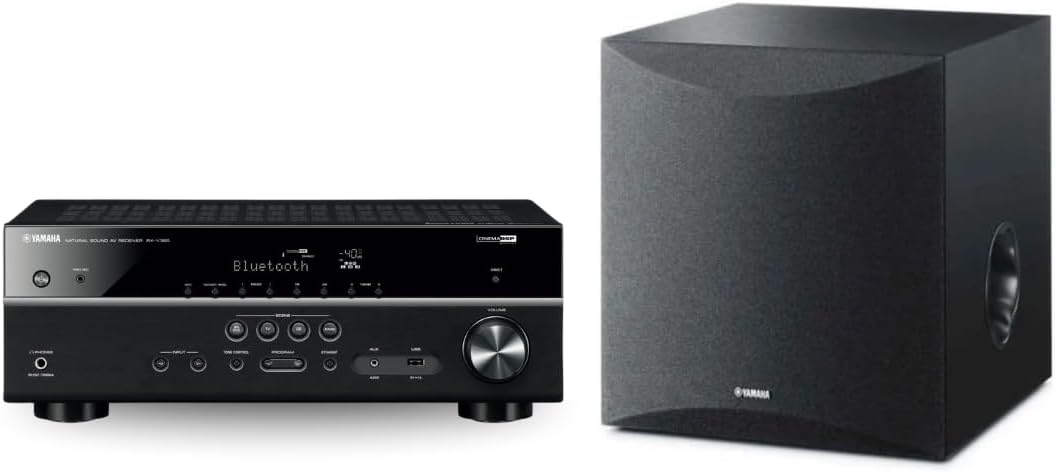 YAMAHA RX-V385 5.1-Channel 4K Ultra HD AV Receiver with NS-SW050BL 8" 100W Powered Subwoofer, Black