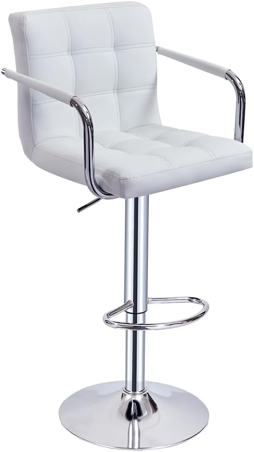 Panana Bar Stool with Armrest Swivel Chair Metal Chrome Leg Home Breakfast Stool (1, White)