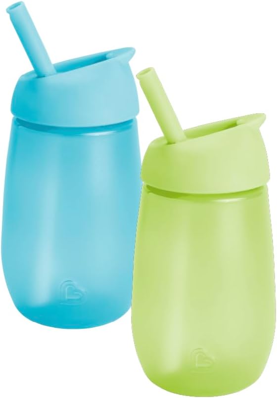 Munchkin Simple Clean Toddler Cup Set | Baby & Toddler Sippy Cups with Straw | BPA Free Non Spill Cup | Dishwasher Safe Baby Straw Cup | Leakproof Silicone Cups - 10oz/296ml | 2 Pack | Green/Blue