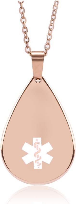 Rose Gold Medical Alert Necklace Teardrop Pendant Arc Surface Emergency ID Dog Tag for Women (Free Engraving)